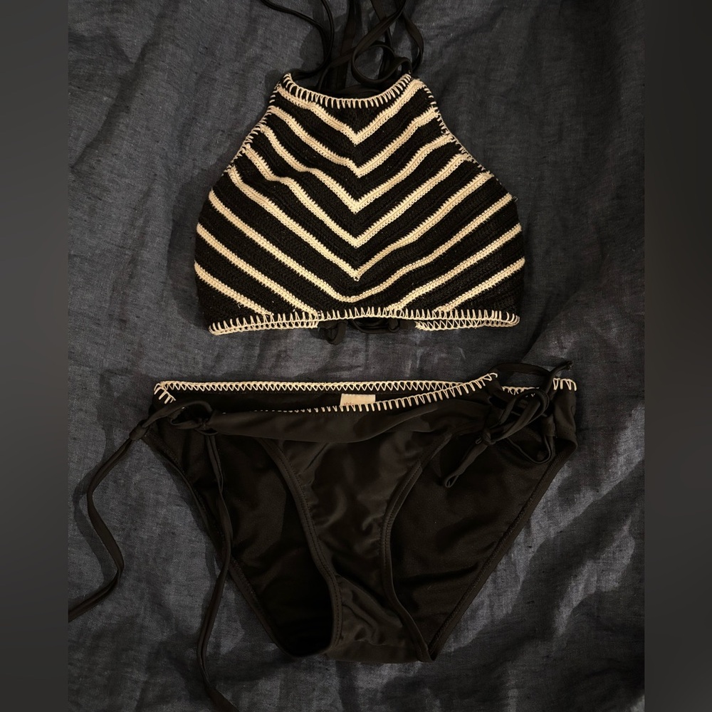 High Neck Knit Striped Swimsuit
